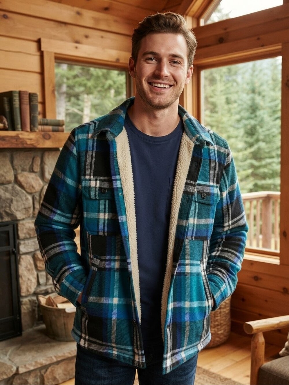 American Eagle Blue Plaid Sherpa Lined Flannel Shacket Jacket Size Large NWOT